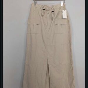 Adjustable Drawstring Maxi Skirt with Cargo Pockets - Beige